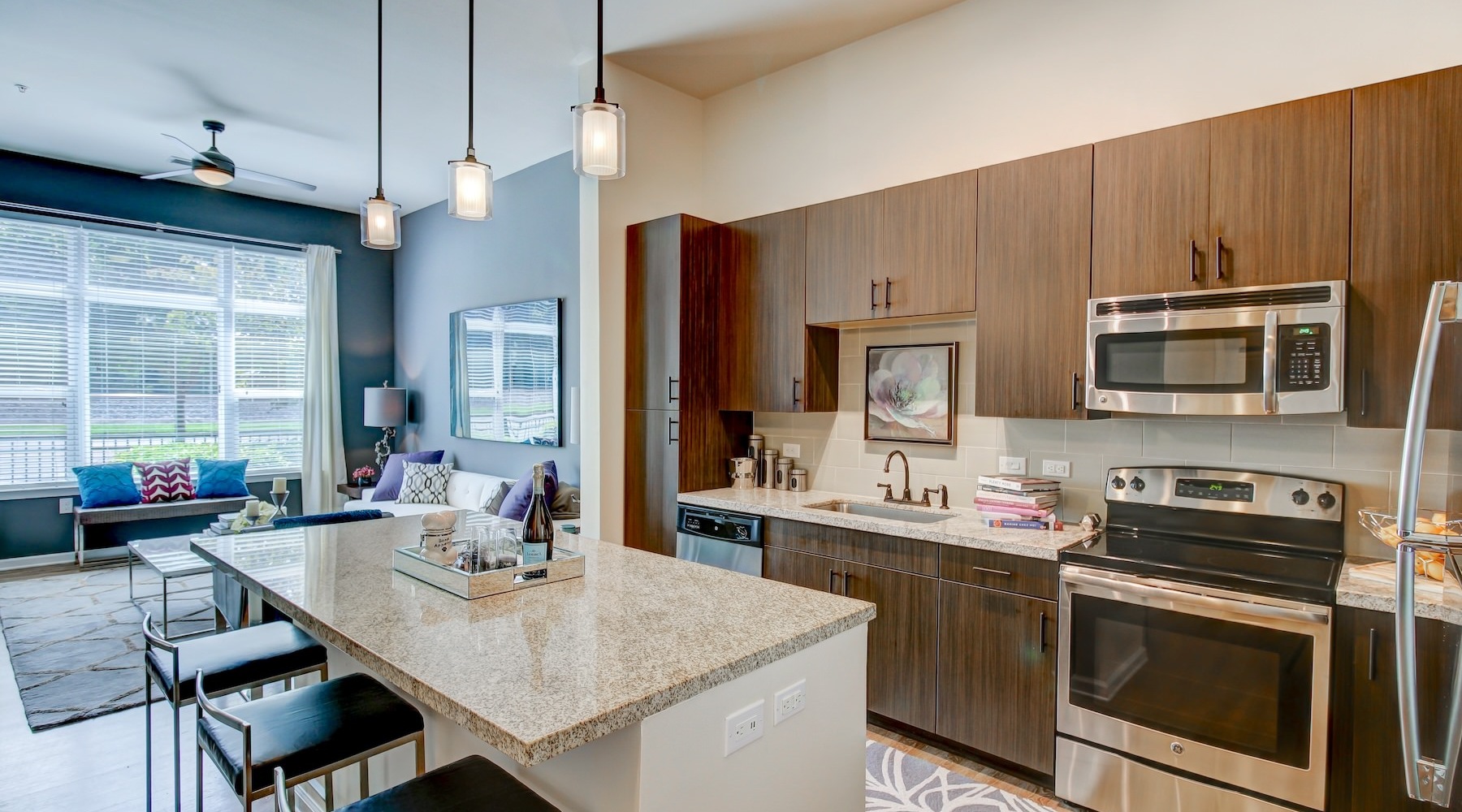 kitchen with large island and wood cabinets