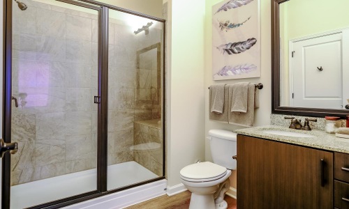 a bathroom with a glass shower