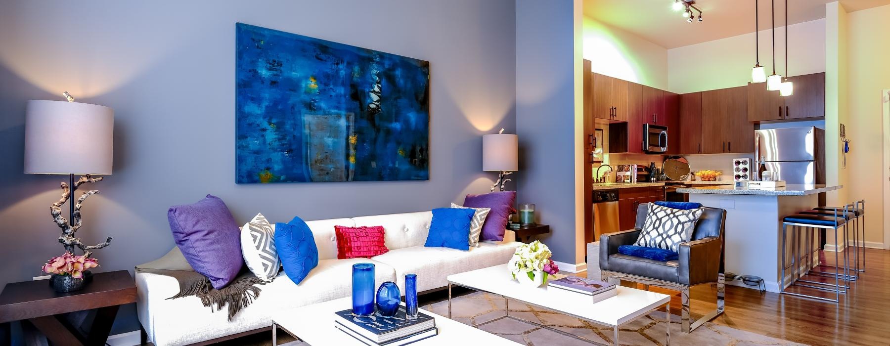 a living room with a couch and coffee table